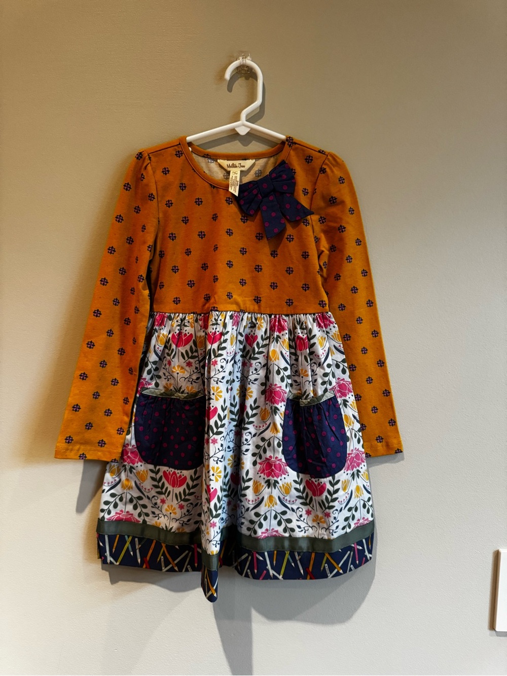 Girls', Matilda Jane Mustard Floral Dress with Bow. Size 6